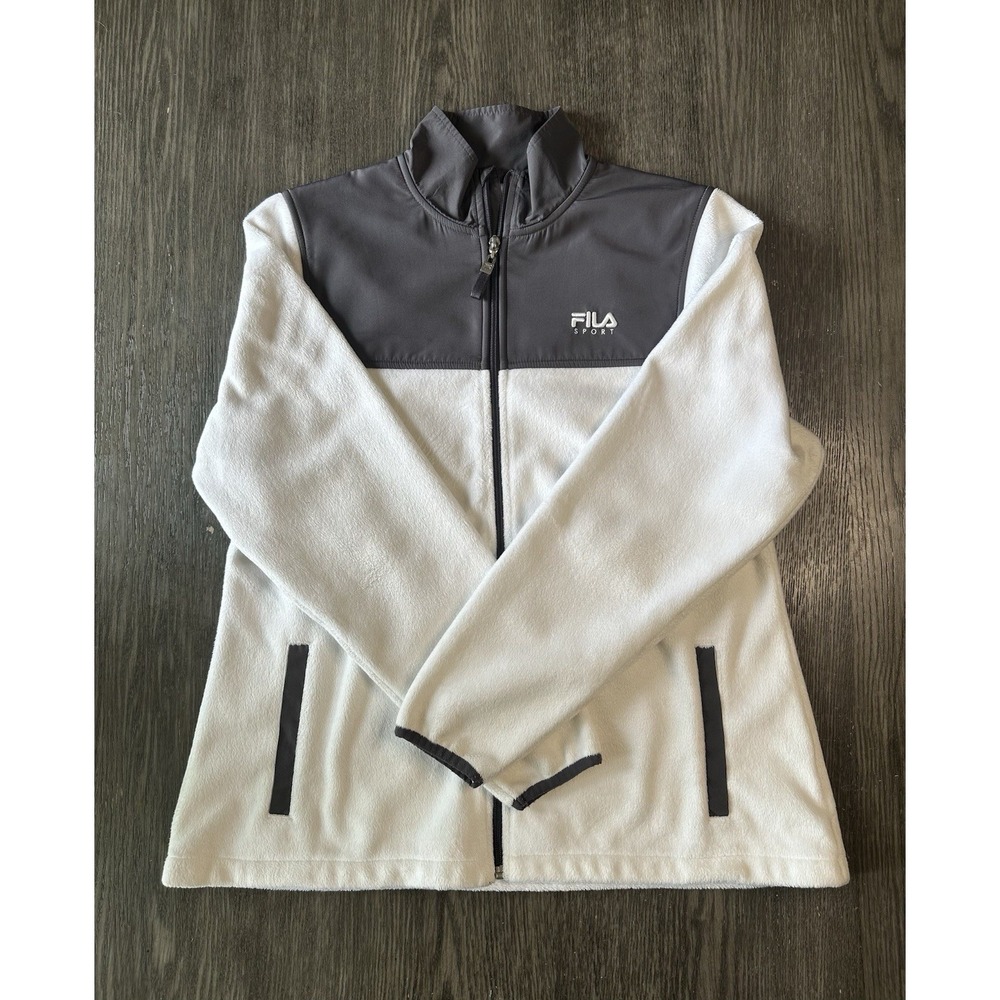 Fila Sport Jacket Womens White Gray Fleece Jogging Running Gym Full Zip Large